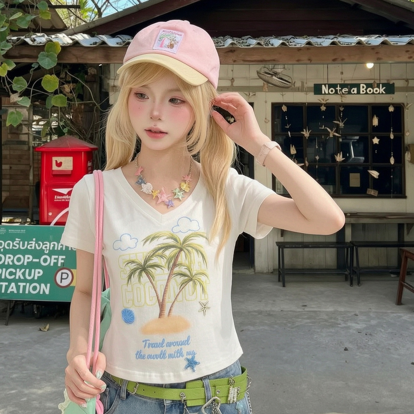 森女部落度假风T恤女奶白色V领椰树刺绣印花修身短款少女辣妹短袖