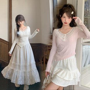 显瘦长袖 森女部落甜美风纯色不规则针织打底衫 修身 新款 T恤女 秋季