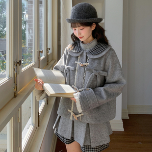 森女部落学院风拼接设计感娃娃领毛呢外套女2025新款 宽松上衣冬季