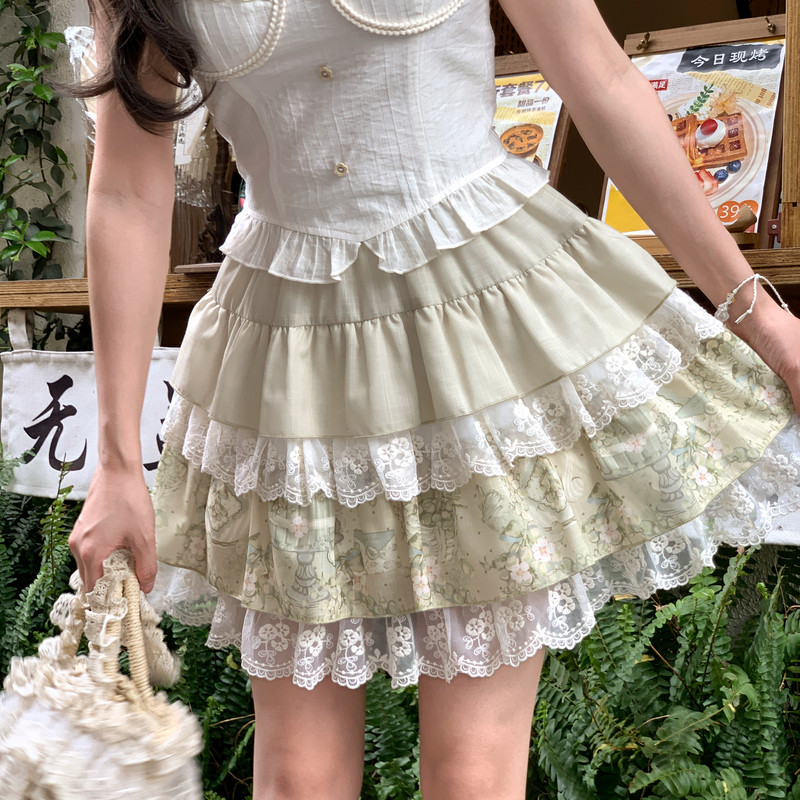 森女部落原创复古印花蕾丝拼接蛋糕裙短裙高腰半身裙女2025初夏,女装/女士精品,半身裙,淘宝优惠券,粉丝福利购,淘宝优惠卷