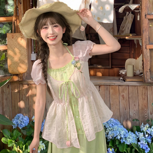 森女部落芭乐系列假两件设计感挂脖上衣2026新款甜美短袖T恤女夏