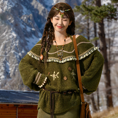 森女部落原创民族风时尚流苏挂脖吊带毛衣一字肩露肩设计感宽松女