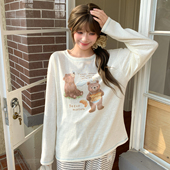 百搭圆领打底衫 宽松薄款 春 T恤女新款 森女部落甜美风小熊印花长袖