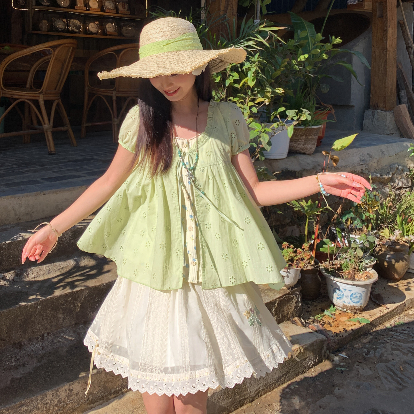 森女部落甜美假两件镂空设计感宽松衬衫女2026新款百搭纯棉上衣夏