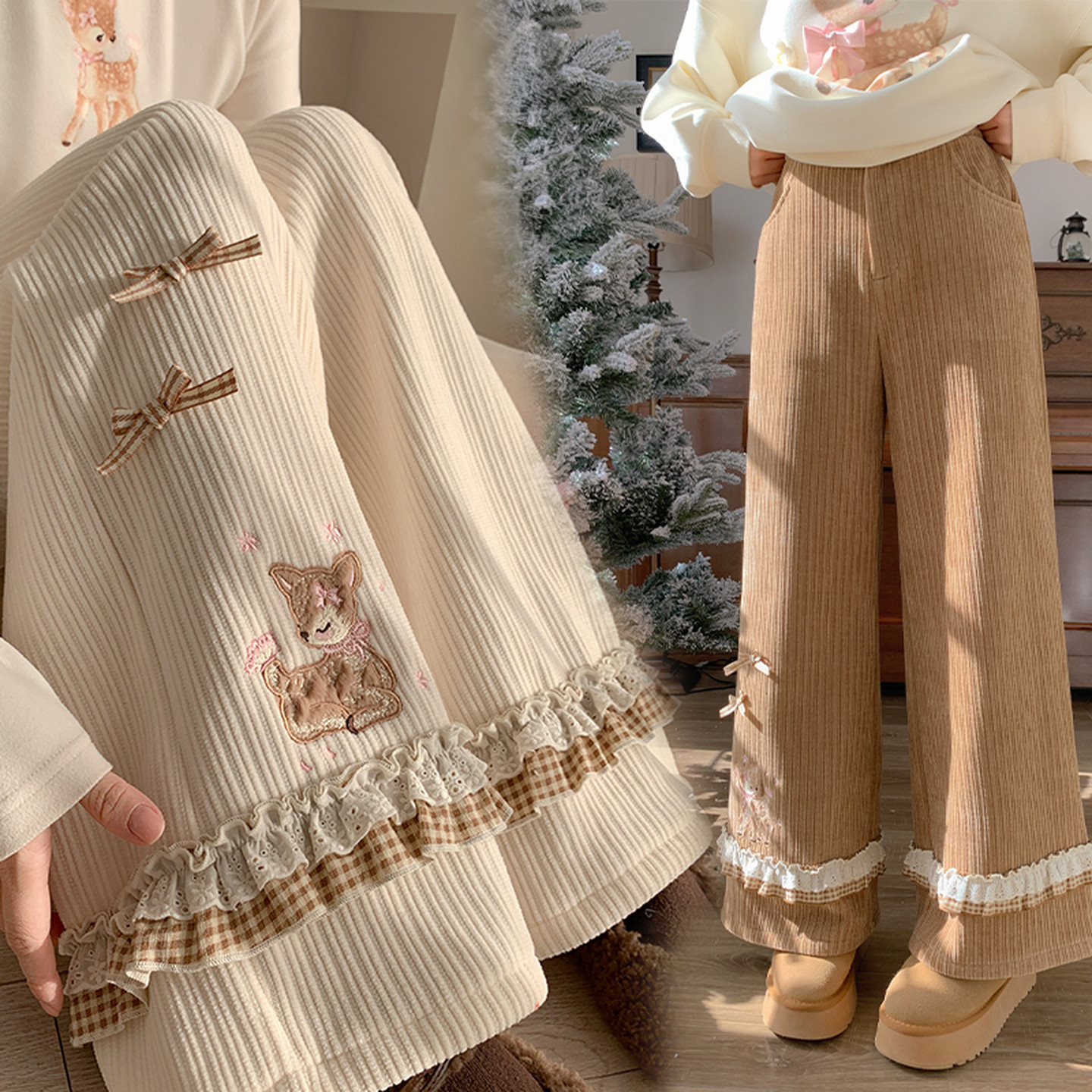 森女部落甜美卡通刺绣灯芯绒直筒裤女新款加绒设计感高腰休闲裤冬
