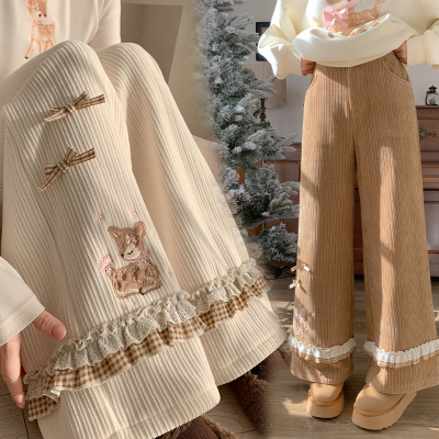 森女部落甜美卡通刺绣灯芯绒直筒裤女新款加绒设计感高腰休闲裤冬