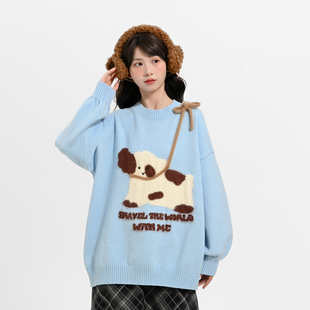 宽松毛衣秋 长袖 森女部落甜美可爱小狗设计感圆领针织衫 女2025新款