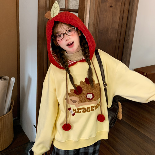 可爱苹果加绒卫衣女秋冬连帽外套