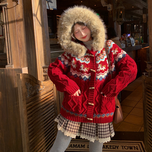 冬季 小马刺绣宽松复古针织开衫 连帽毛衣女新款 森女部落圣诞新年款