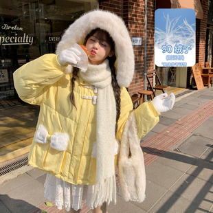 森女部落原创元气奶黄色面包90%绒子白鸭绒羽绒服女大毛领2026冬