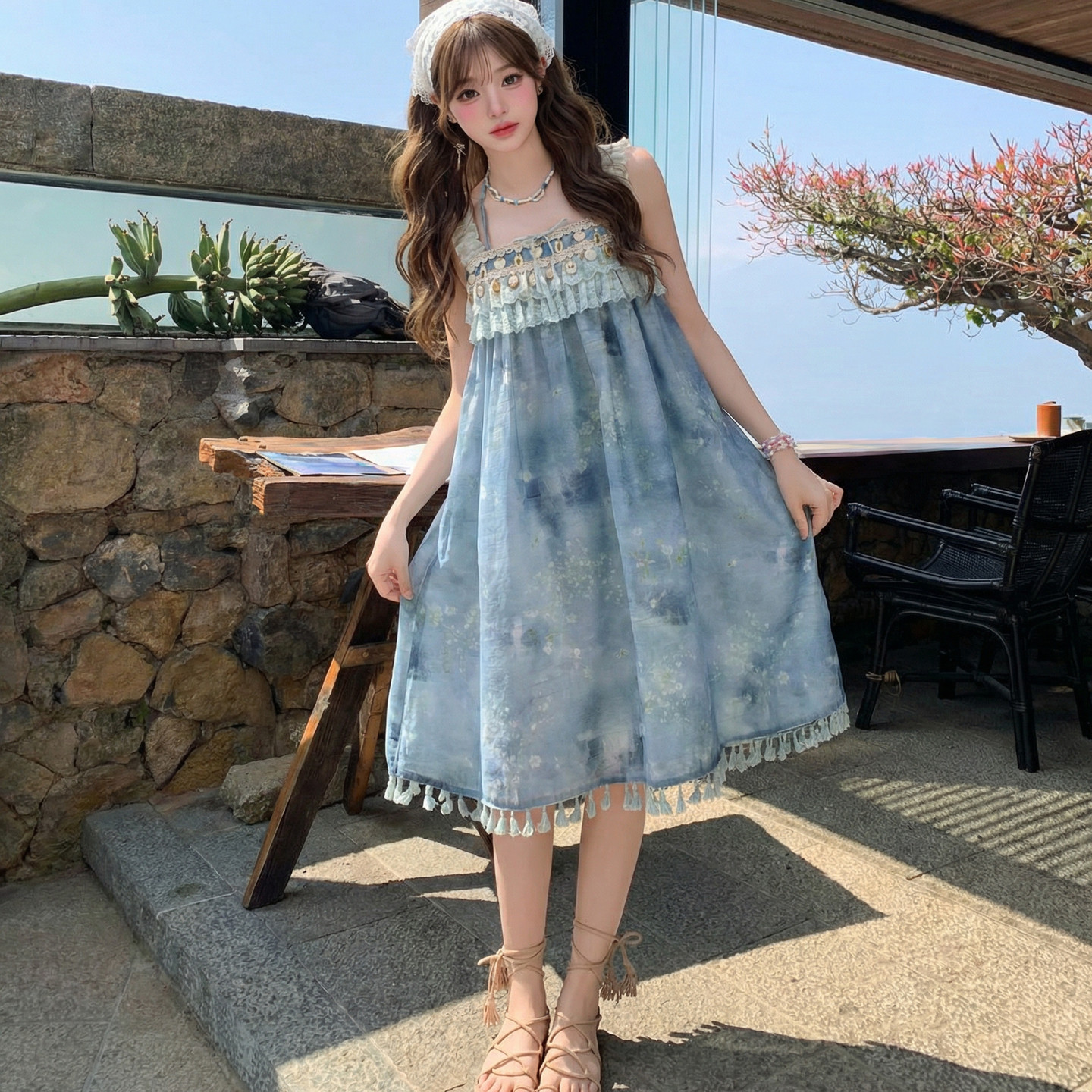 度假扎染流苏吊带连衣裙夏季女装