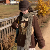 冬季 森女部落甜美风可爱小鹿刺绣设计感圆领毛衣女新款 套头针织衫