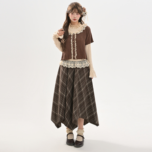 森女部落复古古着感格子长裙新款 不规则高腰气质百搭半身裙女 秋季