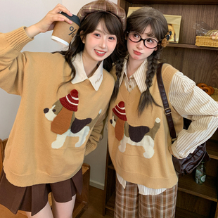 森女部落复古卡通可爱套头毛针织马甲女2025秋新款 宽松毛衣背心冬