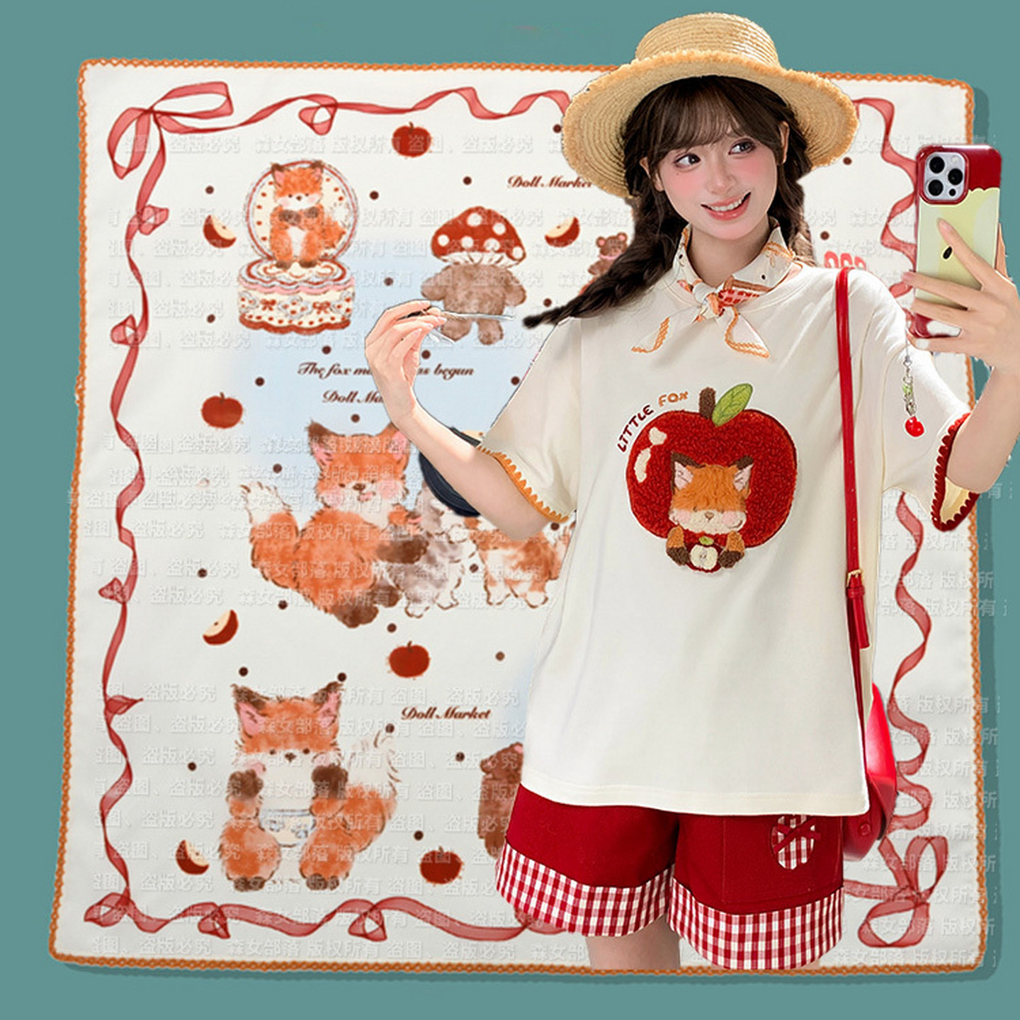 森女部落原创治愈系插画小狐狸印花丝巾方巾叠穿搭配新款拼色女