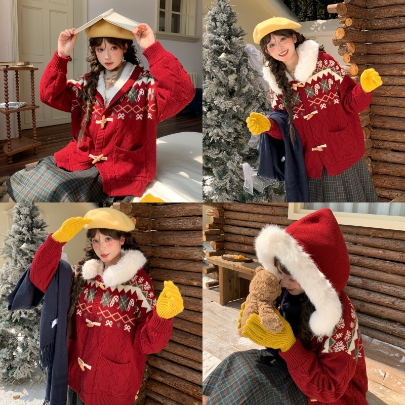 森女部落甜美风氛围感圣诞毛衣女2025新款百搭宽松连帽针织衫冬季