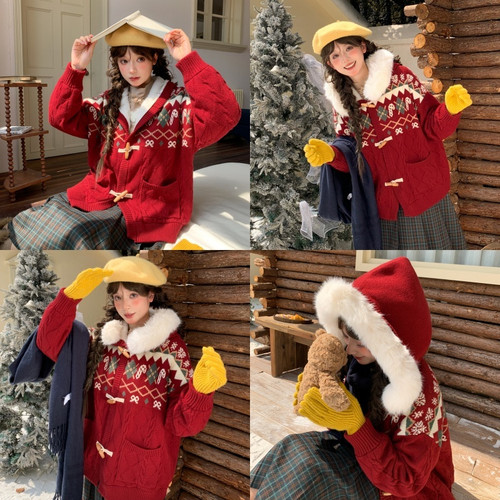 森女部落甜美风氛围感圣诞毛衣女2026新款百搭宽松连帽针织衫冬季