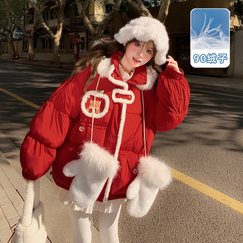 森女部落新年圣诞氛围感90白鸭绒羽绒服女2025新款保暖连帽外套冬