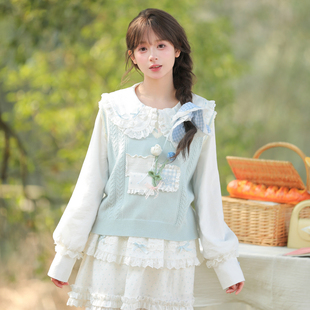 森女部落蓝色设计感毛衣马甲衫 小个子叠穿麻花针织 女2025春秋新款