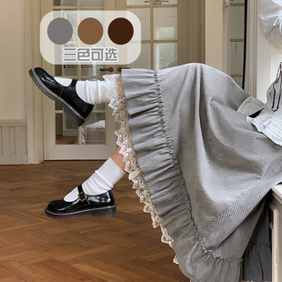 森女部落学院风高腰A字半身裙女2025新款 蕾丝拼接设计感长裙 秋季