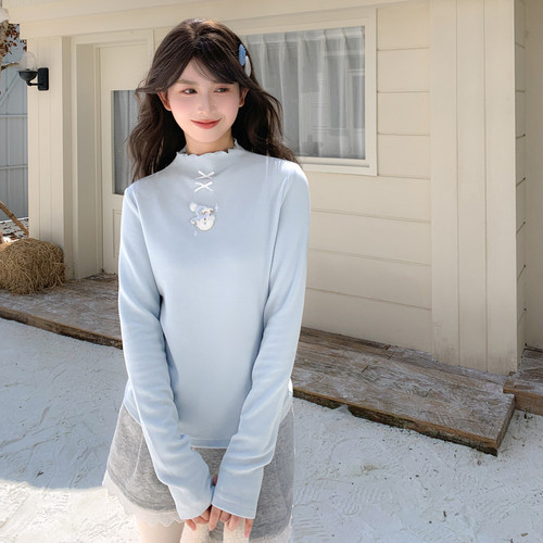 森女部落甜美风小雪人半高领打底衫2025德绒保暖内搭长袖T恤女冬