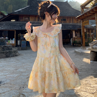 森女部落度假风碎花连衣裙女新款 短裙 宽松显瘦甜美蕾丝娃娃领无袖