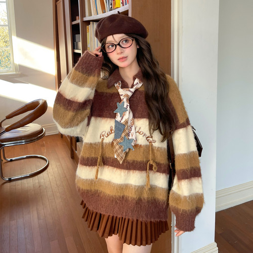 宽松撞色条纹毛衣女冬软糯针织衫