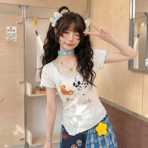 森女部落甜美可爱小狗短袖t恤女2026新款圆领修身设计感上衣夏季