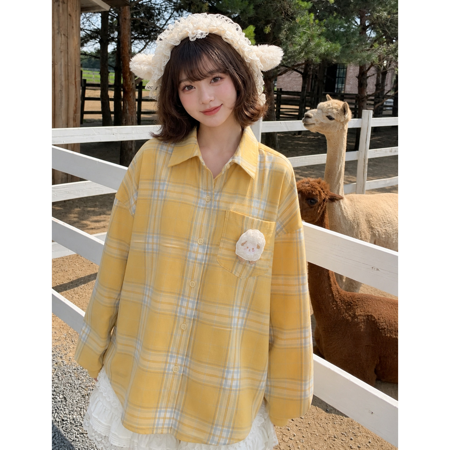 森女部落翻领黄色格子衬衫女上衣2026秋新款可爱宽松长袖衬衣外套
