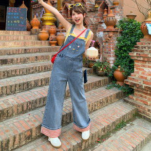 森女部落甜美风格子背带裤女春宽松阔腿遮肉小个子出游百搭牛仔裤