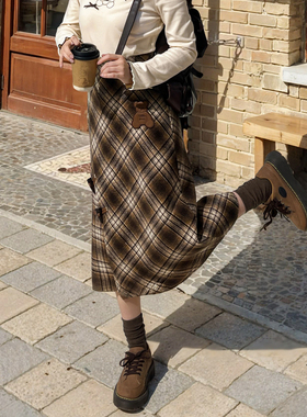 森女部落棕色格子毛呢半身裙女冬2025新款秋a字半裙小个子长裙子