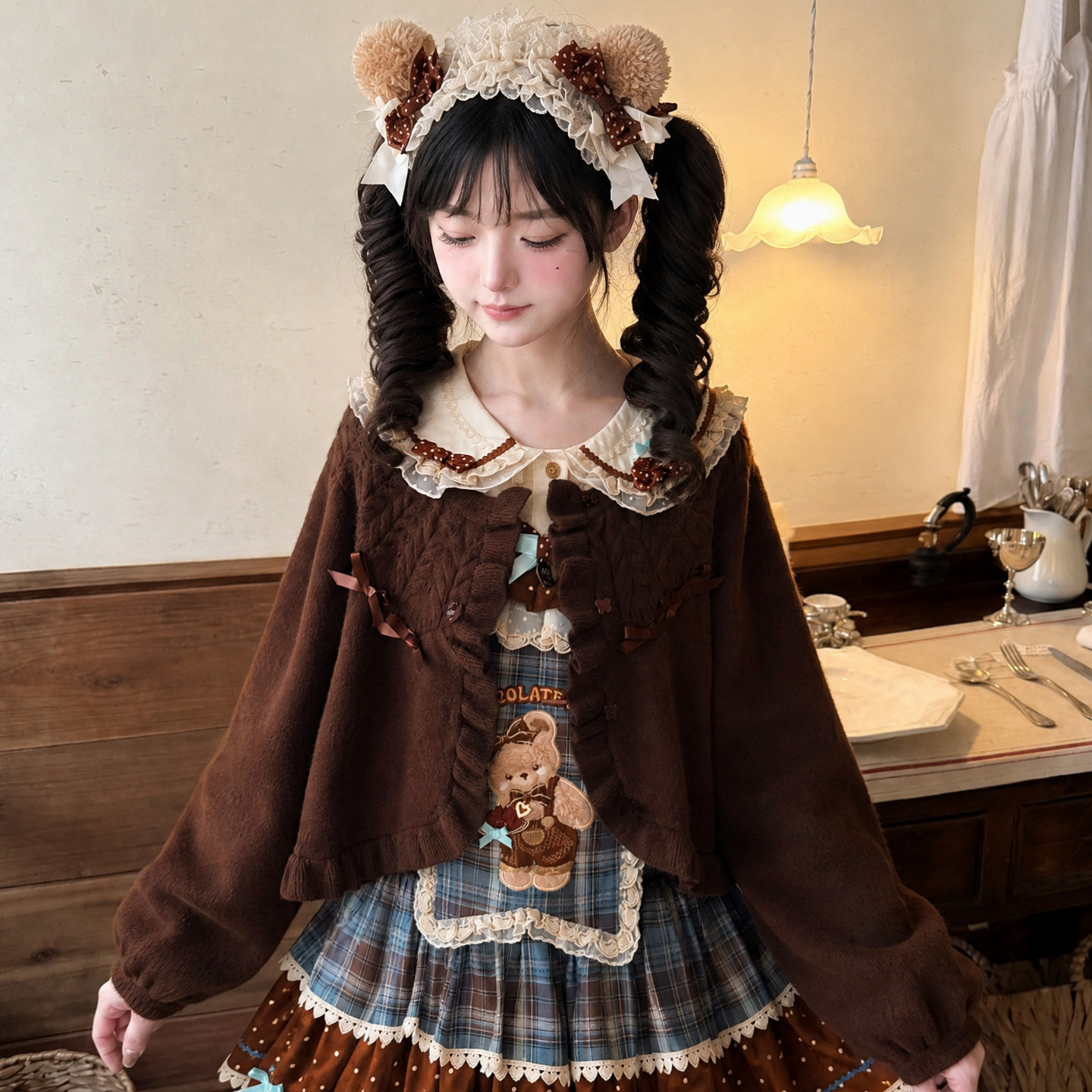 森女部落棕色外套女木耳边复古短款披肩秋Lolita毛衣开衫软妹长袖