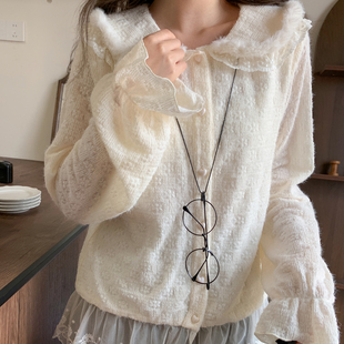 冬 蕾丝拼接下摆设计感打底衫 森女部落甜美风娃娃领宽松衬衫 女新款