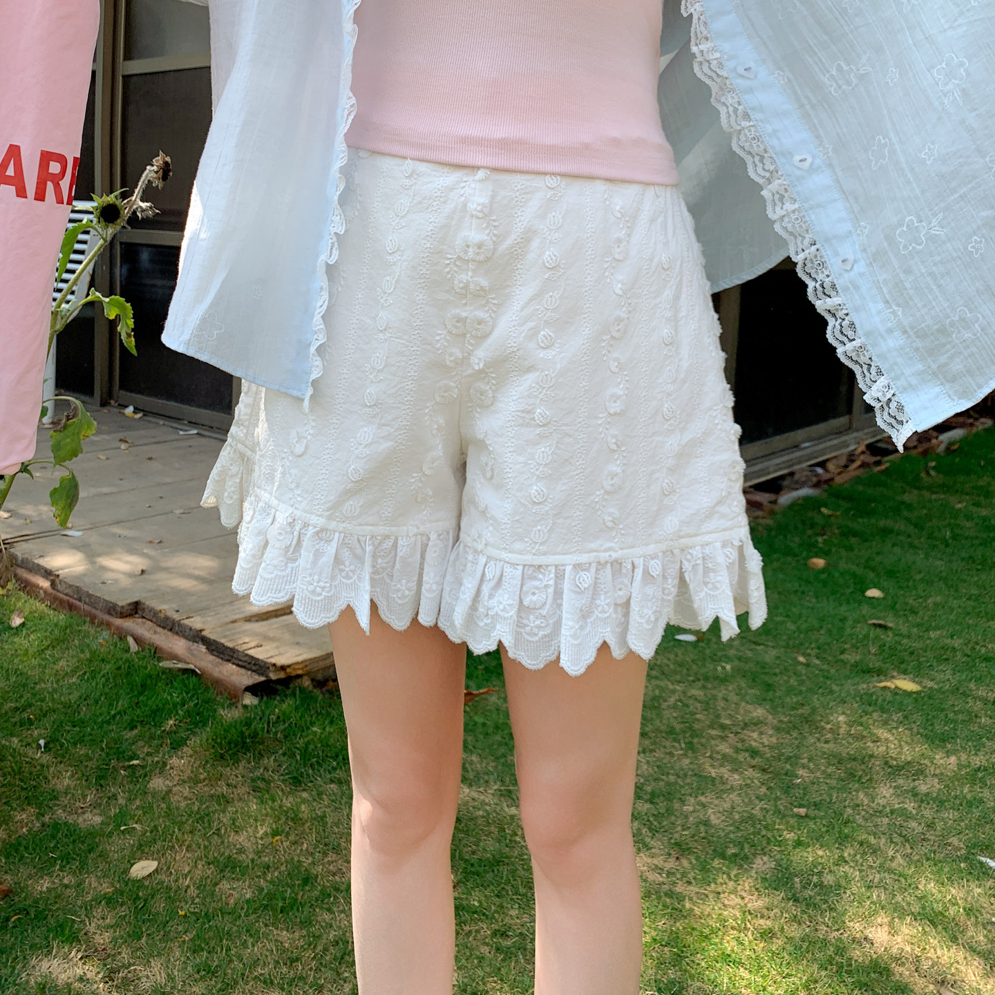 森女部落休闲裤甜妹风显瘦遮肉百搭高腰日常休闲裤蕾丝短裤新款夏