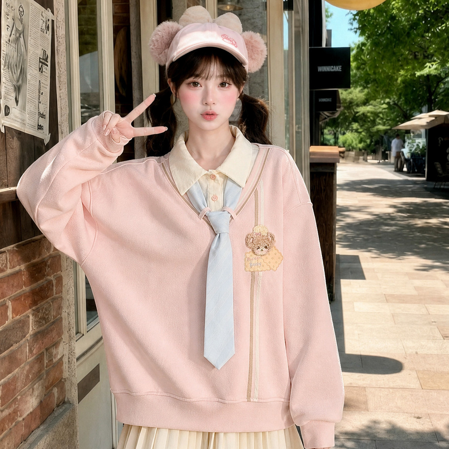 森女部落粉色假两件领带卫衣女款秋2026新款学院风V领宽松上衣冬