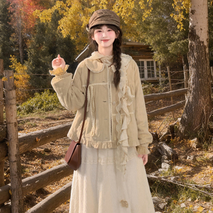 森女部落森系百搭叠穿蕾丝花边外套女2026新款娃娃领宽松纯棉上衣