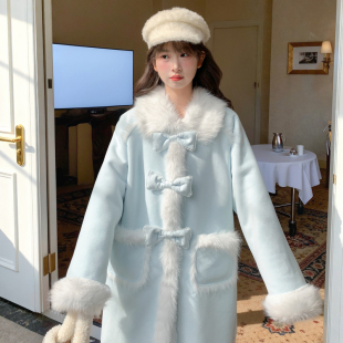 森女部落甜美风设计感毛绒宽松外套女拼接娃娃领宽松百搭大衣冬季