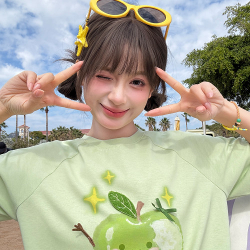 森女部落甜美风元气青苹果圆领T恤女新款撞色百搭宽松短袖上衣夏