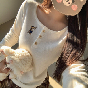 秋萌熊刺绣百搭打底衫 T恤女2025新款 长袖 森女部落学院风圆领修身