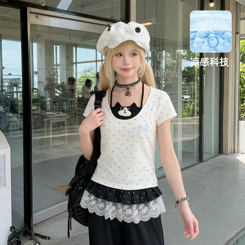 森女部落凉感甜美假两件T恤女夏季少女风波点猫咪刺绣短袖上衣