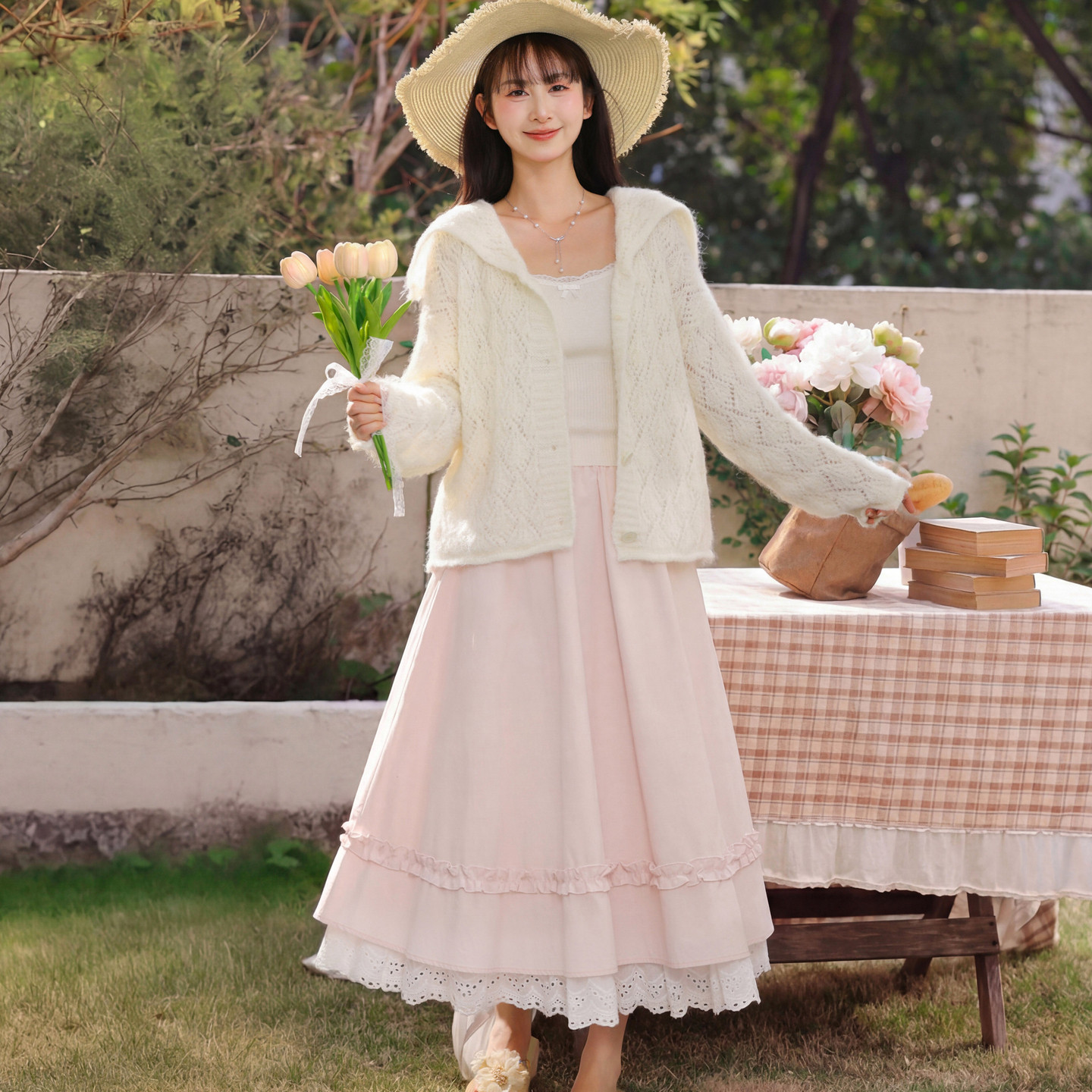 森女部落甜美风双层蕾丝拼接设计感高腰半身裙女新款纯棉百搭长裙