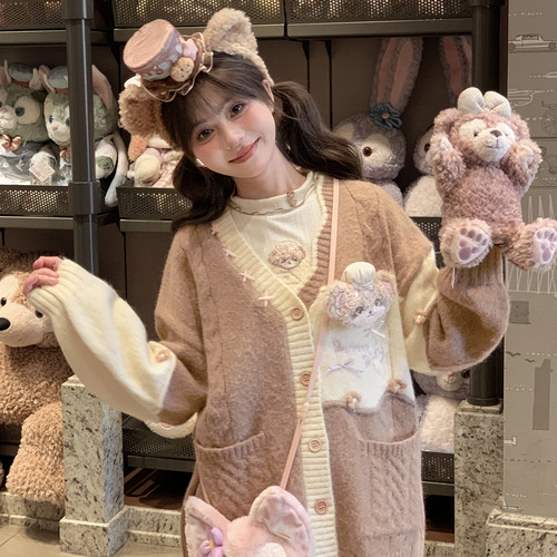 森女部落甜美风可爱小熊刺绣V领针织开衫女2025新款秋冬宽松上衣