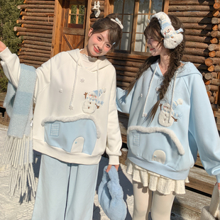 森女部落甜美风卡通刺绣加绒连帽卫衣女2025新款 百搭学生秋冬上衣