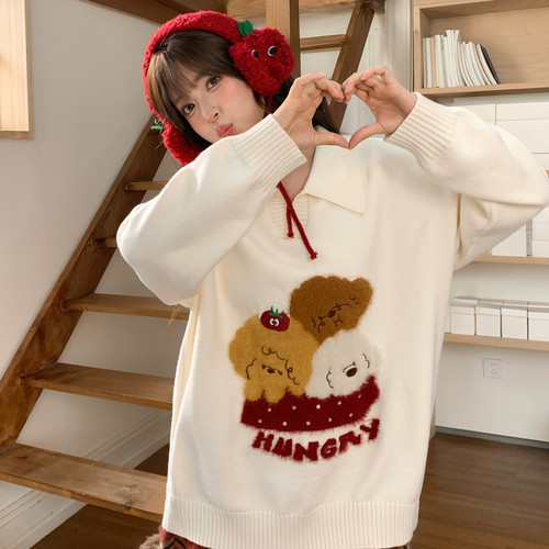森女部落甜美风百搭小狗刺绣套头针织衫女2025新款保暖翻领毛衣冬