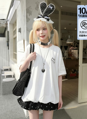 森女部落甜美风T恤女卡通小猫刺绣花苞短袖宽松休闲上衣新款夏季