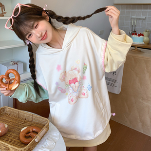 森女部落可爱小熊拼色设计连帽宽松卫衣2026新款 上衣女 秋纯棉长袖