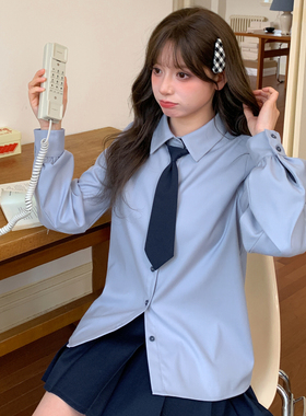 森女部落学院风蓝色配领带衬衫女新款简约百搭宽松长袖内搭上衣春