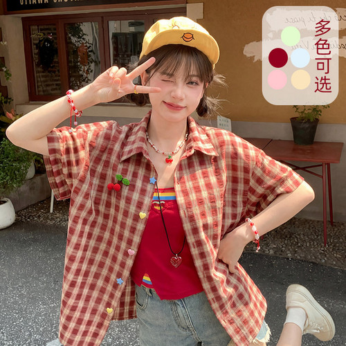 森女部落多巴胺穿搭绿色格子衬衫女夏薄款小个子宽松短袖上衣外套