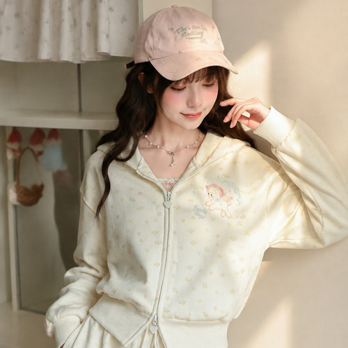 森女部落碎花连帽短款卫衣套装女小个子秋新款白色可爱开衫外套冬