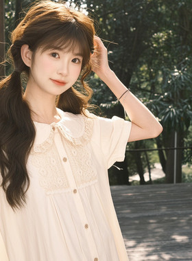 森女部落甜美风蕾丝娃娃领短袖连衣裙女2026年新款宽松夏季裙子